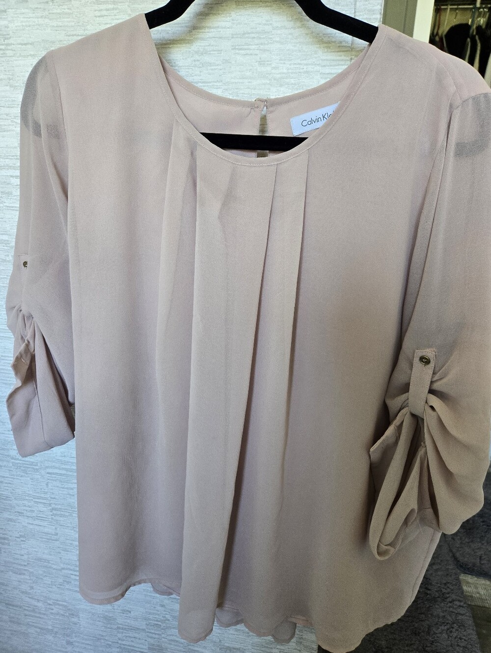 Calvin Klein Blush Pleated Front Roll-Tab Sleeve Blouse